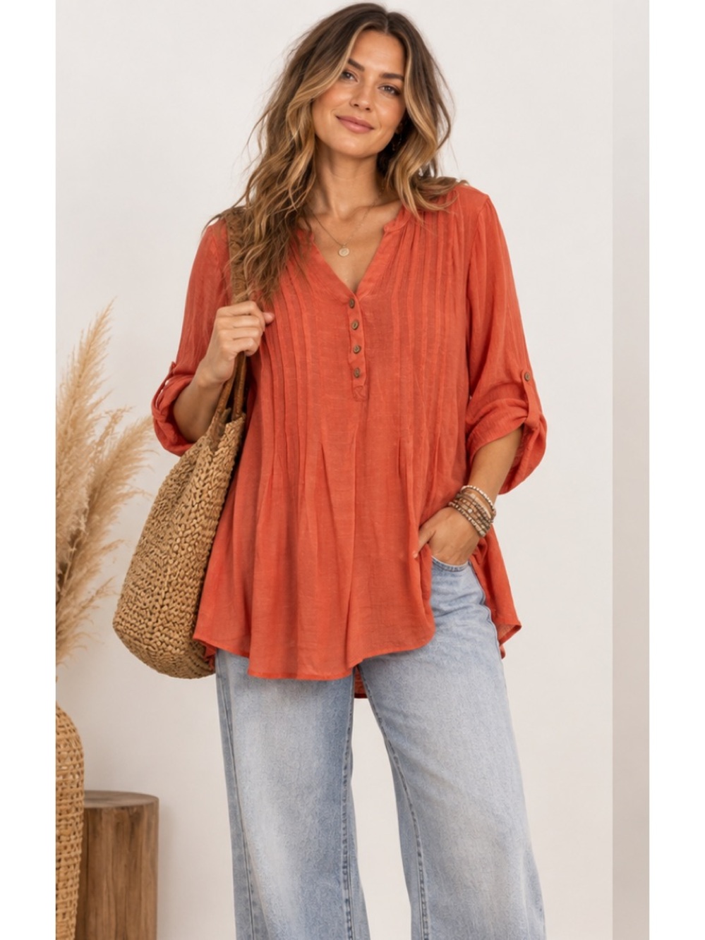 Zac & Rachel Coral Orange Coastal Beachy Boho Button V-Neck Tunic Top 1XL